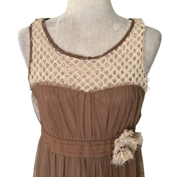 NWT Ryu Anthro Brown Tulle Crochet Knitted Floral Rosette Tie Cutout Dress - M - Picture 3 of 13